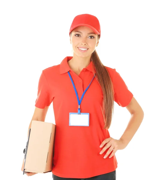 Delivery woman in uniform with parcel on white background — Stock Photo, Image