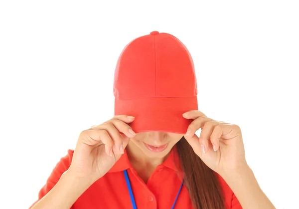 Delivery woman in uniform on white background, closeup — Stock Photo, Image