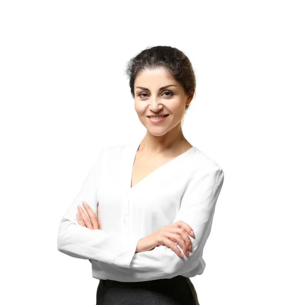 Portrait of successful matre business woman on light background — Stok Foto