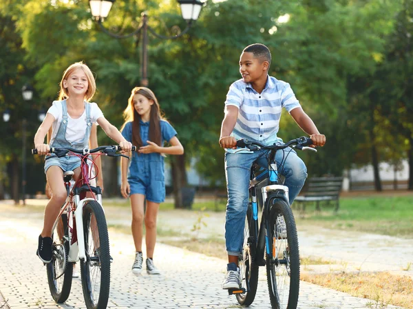 Friends Riding Bicycles Walking Park — Stock Photo, Image