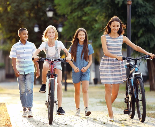 Amis Vélo Pied Dans Parc — Photo