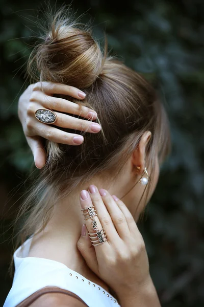 Female hands with stylish rings, closeup — Stock Photo, Image