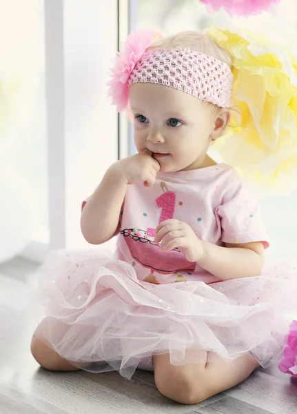 Portrait of one year-old baby girl indoors — Stock Photo, Image