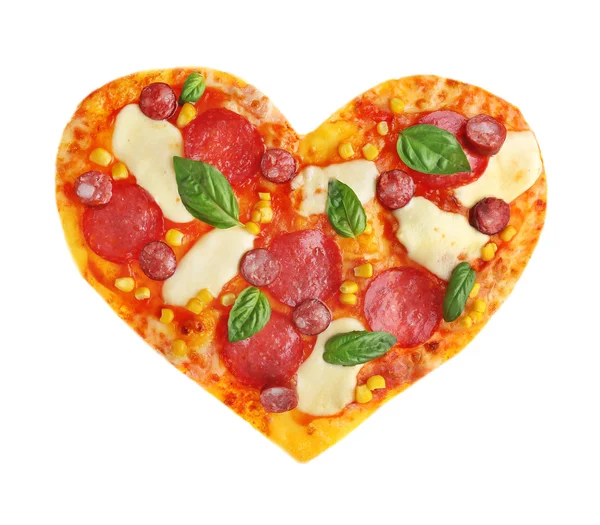 Tasty pizza in shape of heart isolated on white — Φωτογραφία Αρχείου