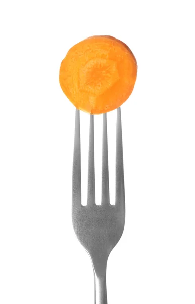 Fork with carrot slice on white  background — Stock Photo, Image