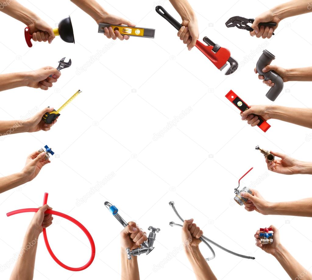Set of male hands holding plumbing equipment on white background. Repair and maintenance concept.