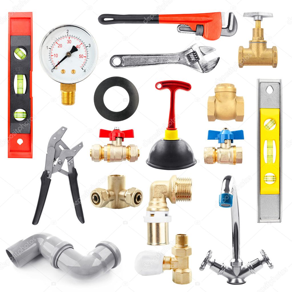 Set of plumbing equipment on white background