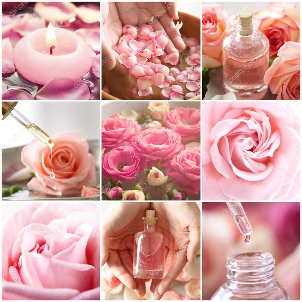 Collage of rose spa. Beauty treatment concept.