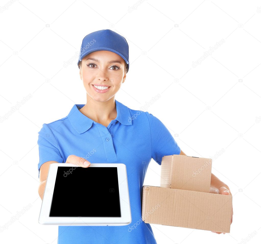 Delivery woman in uniform with tablet and parcels on white background