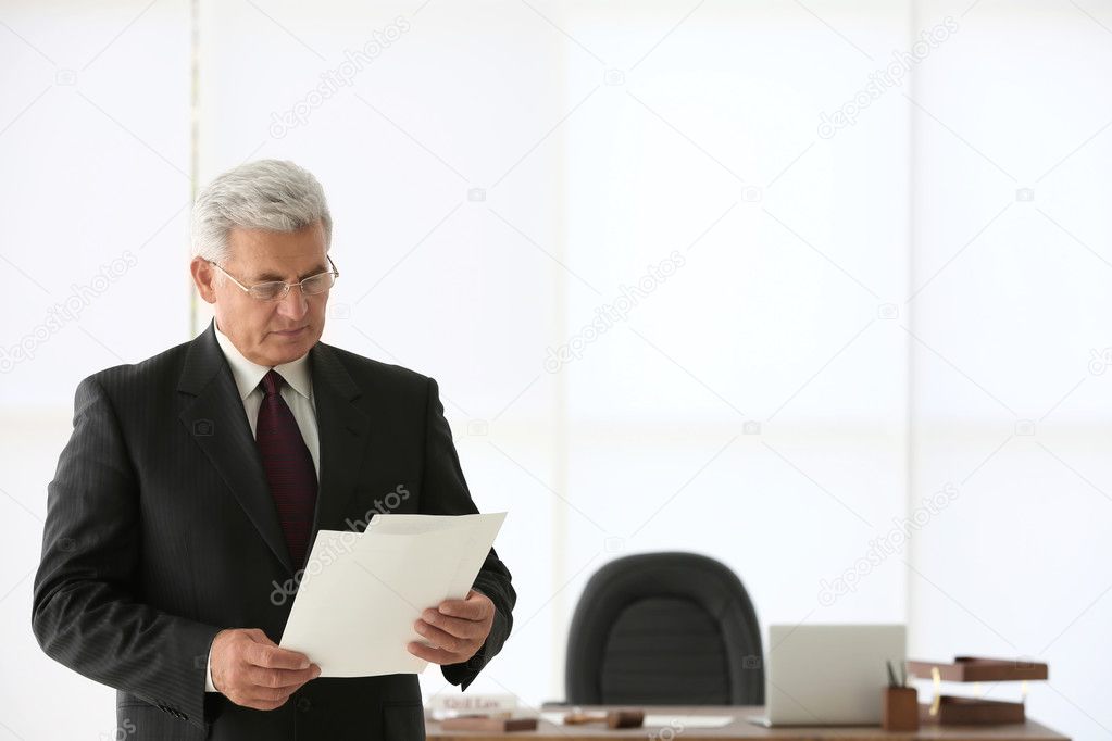 Portrait of successful mature businessman with papers in office