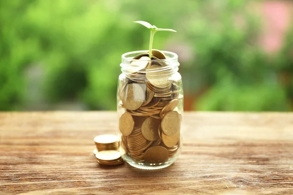 Glas mit Münzen und grüner Pflanze auf Holztisch, Finanzinvestitionskonzept — Stockfoto