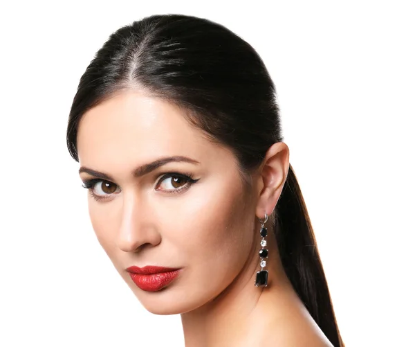 Portré, fiatal, gyönyörű nő fehér alapon piros ajkak — Stock Fotó