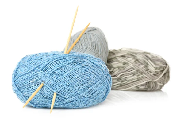 Three balls of yarn and needles isolated on white — Stock Photo, Image