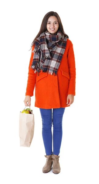 Young woman with shopping bag isolated on white — Stock Photo, Image