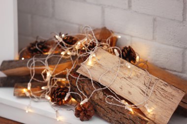 Günlükleri ve ışıklar içinde dekoratif Noel şömine, portre