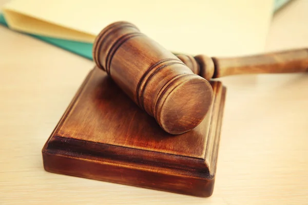 Court gavel and sound block on table, closeup — Stock Photo, Image