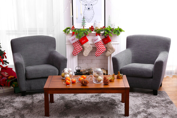 Decorated Christmas room with fireplace