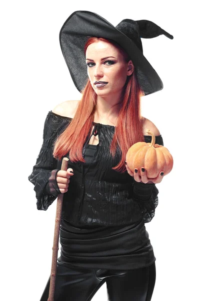 Young woman dressed in witch costume for Halloween, isolated on white — ストック写真