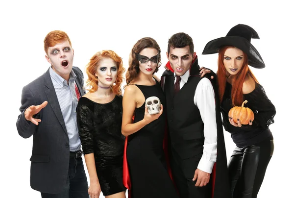 Young people dressed in different costumes for Halloween, isolated on white — Stock Photo, Image