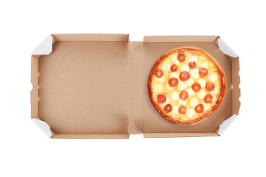 Beyaz zemin üzerine lezzetli pizza teslimat kutusu.