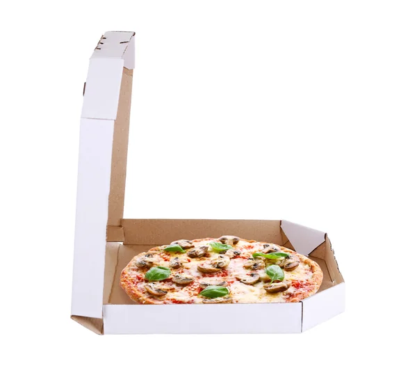 Caja de entrega con deliciosa pizza sobre fondo blanco . —  Fotos de Stock