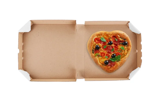 Коробка с вкусной пиццей на белом фоне . — стоковое фото