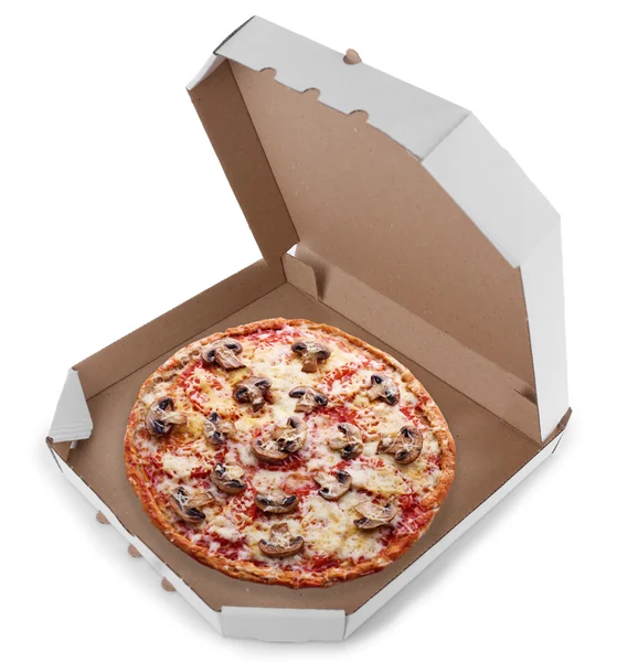 Leverans låda med läcker pizza på vit bakgrund. — Stockfoto