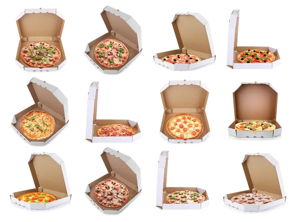 Set de deliciosas pizzas en cajas de reparto sobre fondo blanco . — Foto de Stock