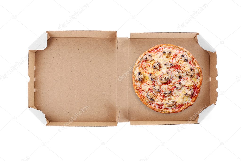 Delivery box with delicious pizza on white background.