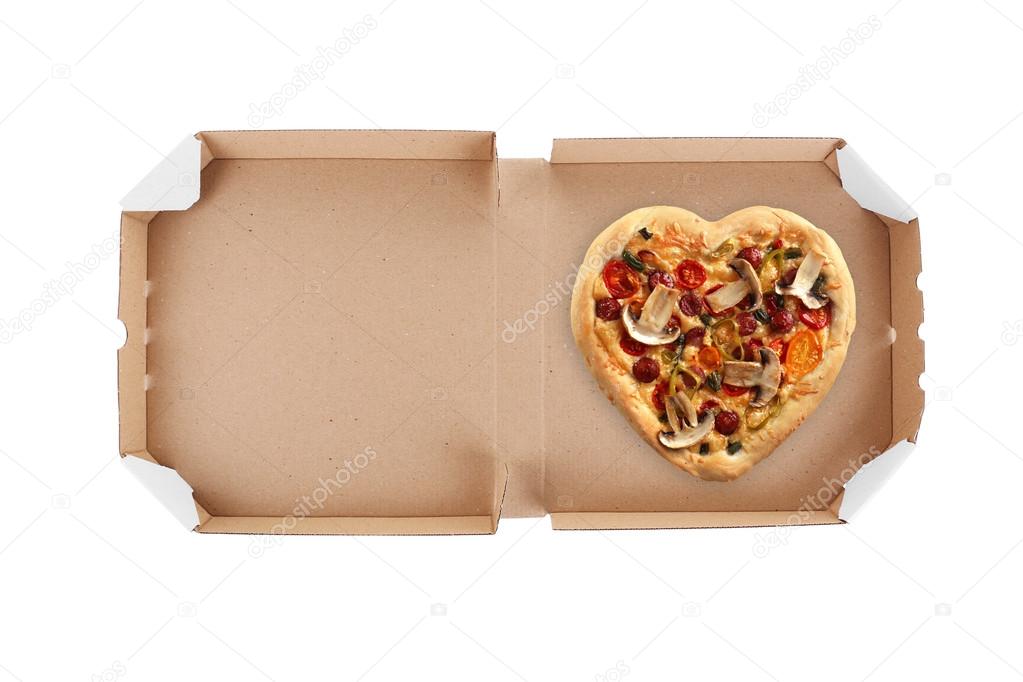 Delivery box with delicious pizza on white background.