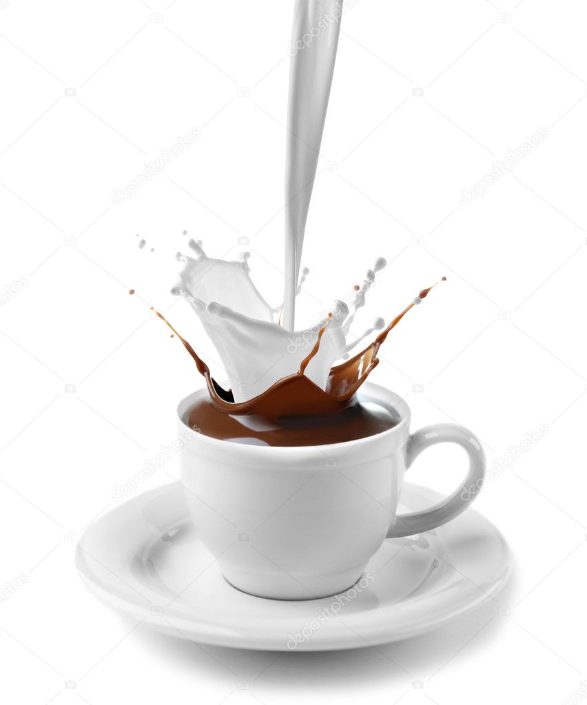 Pouring milk into cup of chocolate on white background