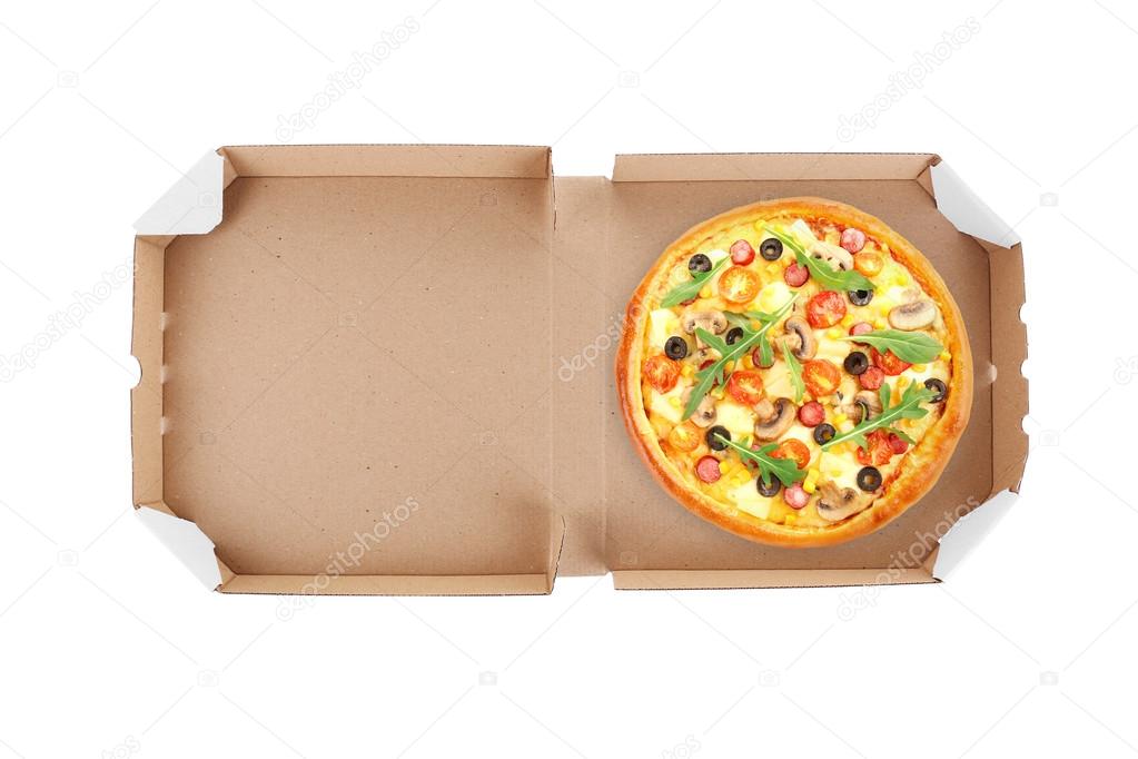 Delivery box with delicious pizza on white background