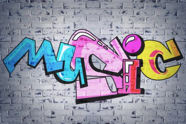 Tuğla duvar arka plan üzerinde renkli kelime müzik. Grafiti tarzı