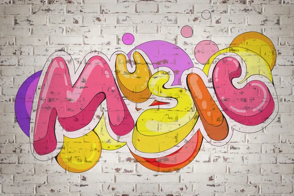 Mot coloré MUSIQUE sur fond de mur de briques. Style graffiti — Photo