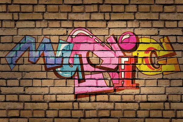 Barevné slovo hudba na pozadí cihlová zeď. Graffiti styl — Stock fotografie