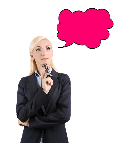 Geschäftsfrau Mit Wortblase Auf Weißem Hintergrund Business Training Und Strategiekonzept — Stockfoto
