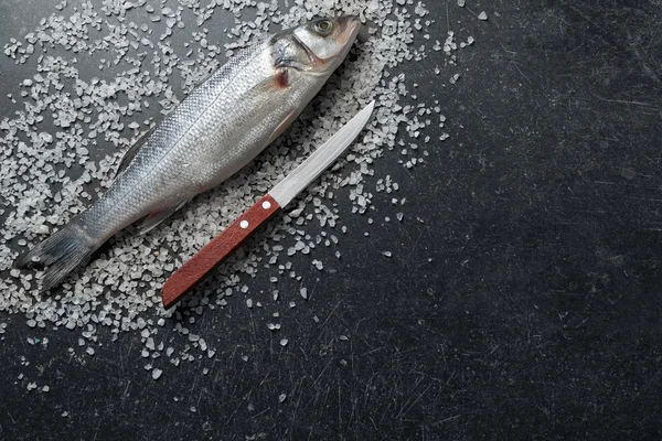 Peixe cru com sal marinho e faca na mesa — Fotografia de Stock