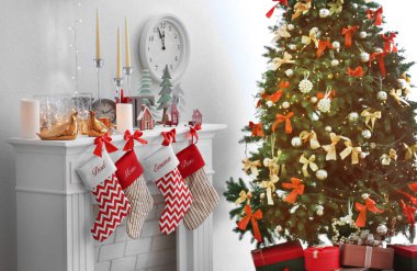 Noel ağacının yanında Oda dekore edilmiş şömine