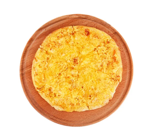 Tasty cheese pizza on wooden board and white background — Stock Photo, Image
