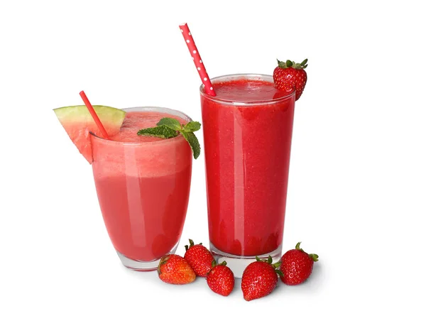 Strawberry and watermelon smoothies on white background — Stock Photo, Image