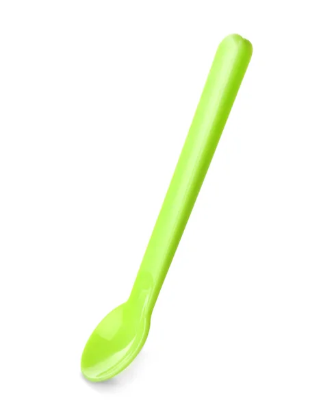 Bright plastic spoon for child on white background — Stock Photo, Image