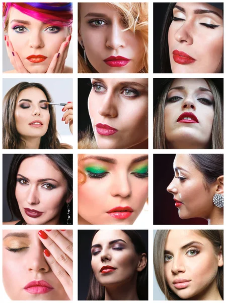 拼贴画妇女与明亮的妆 美容时尚理念 — 图库照片