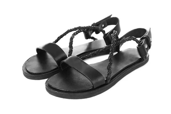 Black leather sandals isolated on white — Stock Photo, Image