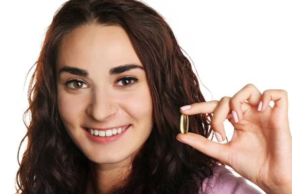 Retrato Mujer Joven Con Cápsula Aceite Pescado Aislado Blanco — Foto de Stock