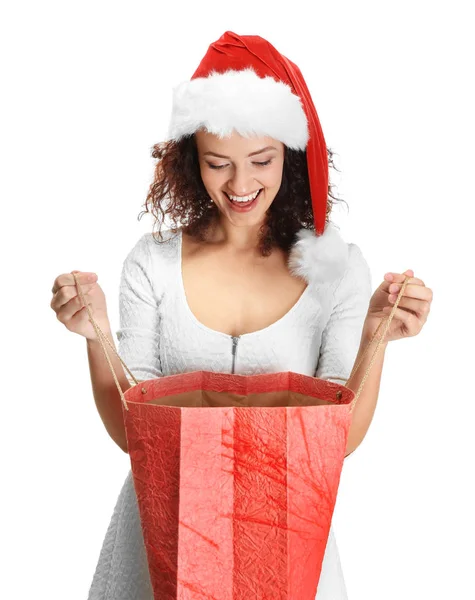 Nő karácsonyi táska megnyitása — Stock Fotó