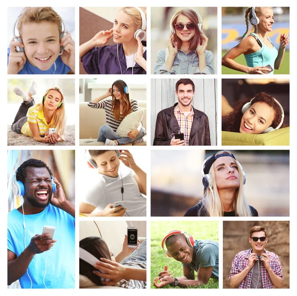 Kolaż Młodzieży Szczęśliwy Słuchanie Muzyki Koncepcja Wypoczynek Rozrywka — Zdjęcie stockowe