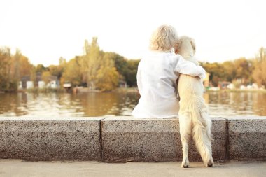 Büyük köpek geri bund üzerinde oturan ile üst düzey kadın