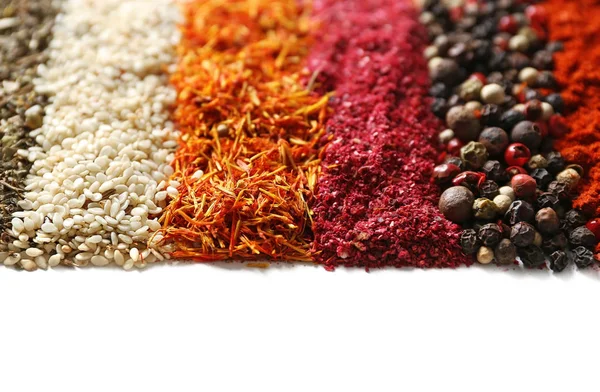 Mix of different spices in lines, closeup — Stock Photo, Image