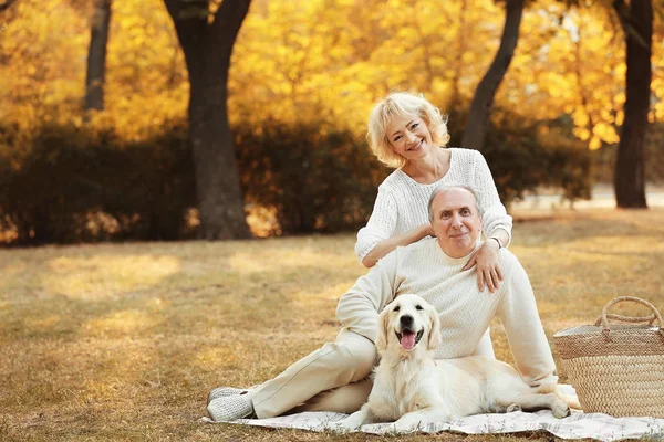 Casal sênior e cachorro grande sentado na grama no parque — Fotografia de Stock