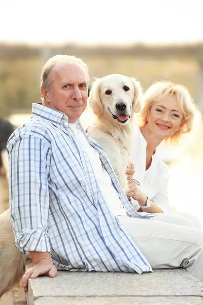 Senior paar en grote hond op bund — Stockfoto
